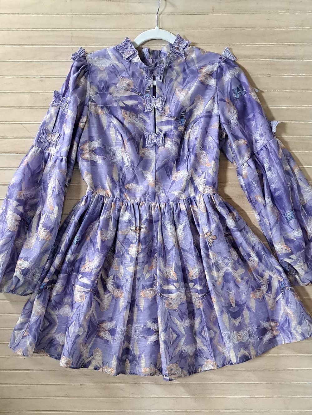NWOT INA Lavender Butterfly Appliqué Mini Dress Balloon Sleeve Party Fit & Flare